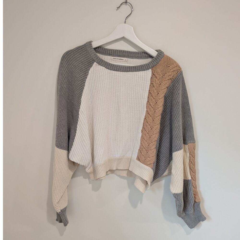 Colorblock Cropped Cable Knit Sweater Soft Girl Fall Neutral Cottagecore Cozy